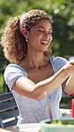 Food, share and barbecue with friends in garden for celebration, new years event or lunch. Bonding, party and eating with group of people on patio of home for summer social, reunion and bbq together