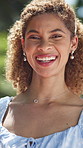 Summer dress, confident or face of happy woman in park for vacation, weekend adventure or peace. Relax, female person and portrait with smile for holiday travel, sunshine or outdoor tourism in Brazil