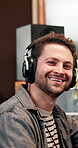 Face, editing and man with headphones, music and listening to audio, recording and entertainment. Creative, electronic and production for sound engineer, bass and person with equipment and media