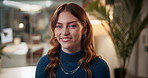 Woman, face and office night for working, fashion media agency and reporter for deadline. Female person, portrait and laughing for publishing project, professional and news development at workplace