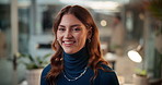Face, smile and creative business woman in startup office at night for overtime or career growth. Portrait, happy entrepreneur and professional employee, public relations specialist and pr agent
