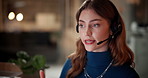 Business woman, night and consulting with headset at call center for online advice, telecommunications or virtual assistance. Female person, consultant or agent talking for customer support or help