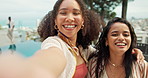 Face, girls and happy friends with selfie at party to celebrate new year, hug and excited. Portrait, smile and picture of women at event outdoor, peace sign and photo of influencer  at pool in pov