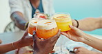 Cocktails, happy and friends at lunch cheers for social gathering, festive event and party. New years, holiday and group of people with drinks, food and toast for festival, celebration and vacation