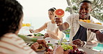 Eating, food and summer with friends and lunch on patio for vacation, bonding and reunion. Community, diversity and celebration with group of people and outdoors for fruits, nutrition or brunch
