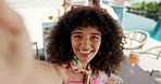 Face, happy woman and selfie at party outdoor with friends to celebrate new year, social gathering or lunch. Portrait, smile or picture of girl at resort, reunion or influencer on online media in pov