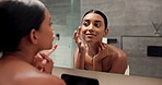 Beauty, woman and check face in mirror for natural skincare, cosmetic satisfaction or hydration treatment results. Dermatology, girl and happy with healthy skin, inspection or self care in reflection