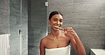Brushing teeth, face and woman with smile for oral healthcare, dental health and grooming. Bathroom, reflection pov and girl with toothpaste for morning cleaning, gum hygiene and toothbrush whitening