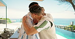 Greeting, friends and people on vacation, hug and bonding on trip, men and tourists with solidarity. Outdoor, restaurant and group on holiday, handshake and happy for travelling, tourism and break