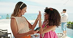 Women, high five and phone on holiday for travel, reunion or happy for accommodation promo on app. Friends, mobile or hand gesture at hotel for social media, good news or support for content creation