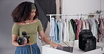 Photographer, laptop and editing for photography, media and magazine cover in creative studio. Camera woman, smile and female person backstage for shooting, production and fashion director with lens