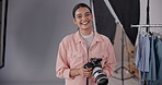 Photographer, camera and face for photography, media and magazine cover in creative studio. Camera woman, smile and female person backstage for shooting, production and fashion director with lens