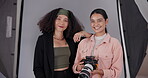 Photographer, model and face for media, magazine cover and photography in creative studio. Camera woman, portrait and people backstage for shooting, production and fashion director with backdrop