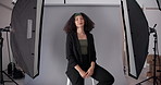 Model, face and fashion in studio for photography, production and brand advertising. Woman, confident or style in media agency for photoshoot, creativity or pose or lighting equipment for videography