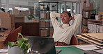 Woman, laptop or relax with rest in logistics for done, completion or finished at warehouse. Female person, distributor or employee with relief on computer for break or productive day at online store