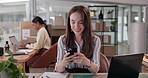 Logistics, woman or happy with phone in office for dropshipping review, customer service or online order. Supply chain, employee or typing with smartphone for social media marketing or website update