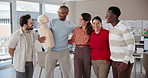 Teamwork, laughing and cpr with people in workshop for support, healthcare or solidarity. First aid training, mannequin and diversity with group in office for learning, paramedic instructor and class