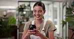 Laughing, happy and florist woman with phone in small business for online texting or ecommerce. Funny meme, joke and flower seller with order or mobile message in plant nursery for retail startup