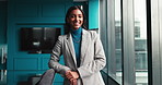 Happy woman, face or window with business confidence for corporate ambition, vision or development at office. Portrait, female person or employee with smile for company growth or insight at workplace
