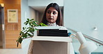 Sad woman, walking or jobless with box for company bankruptcy, economic stress or recession at office building. Female person, items and depression with debt for career lay off or fired at workplace