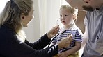 Father, baby and stethoscope of pediatrician for healthcare consultation, check lungs for breathing and heartbeat. Doctor, infant and assessment in clinic or hospital for medical analysis