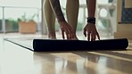 Training, yoga mat and and person hands getting ready in home or studio for holistic wellness and exercise gear. Pilates, workout and people legs start fitness for zen, meditation or balance on floor