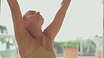Stretching, yoga and woman with meditation, breathing and stress relief with peace, routine and wellness. Female person, mindset and girl with health, exercise and chakra with workout goal and calm