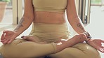 Praying, lotus pose and woman for yoga, wellness and peace or calm on floor in meditation. Prayer hands, meditate and zen person for healing, spiritual faith and balance training, workout or exercise