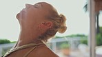 Woman, yoga stretch and closeup with wellness, pilates and meditate to relax. Peace, female person and zen with breathing and arm stretching for spiritual training and care with calm balance