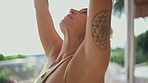 Yoga, relax and mature woman doing pilates exercise for zen, calm and mindful wellness. Health, body and female person doing body stretching or meditation workout for peace, healing or balance
