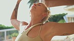 Woman, yoga breathing and closeup with wellness, pilates and meditate to relax. Peace, female person and zen with mindfulness and body stretching for spiritual training and care with calm balance