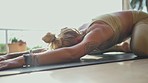 Yoga, stretching body and woman with fitness at house, balance and wellness with paschimottanasana and workout. Training, exercise and female yogi, pilates and health with active person at home