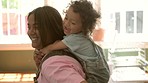 Happy, mom and baby laughing together with love, bonding and piggyback game in home with child, mother and family. Smile and mommy relax with girl in funny, laugh or happiness in motherhood