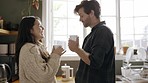 Coffee, love and morning with couple in kitchen for wake up, breakfast and happiness. Free time, marriage and conversation with man and woman drinking tea at home for happy, relax and smile together