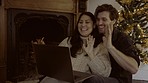 Laptop video call, happy communication and couple talking, speaking and wave hello to online contact. Conversation, home connection and relax marriage people chat on computer network conference