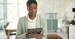 Happy black woman, tablet and for business research, communication or networking at office. African female person or employee working on technology for online search or social media at workplace
