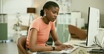Business, thinking and black woman with a computer, internet and problem solving with online reading. African person, employee and consultant with a pc, typing and ideas with email and website info
