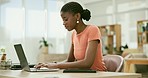 Tablet, search and business woman with laptop in office for internet, research or project management. Digital, computer and African female app designer online for creative, idea or design inspiration