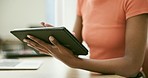 Tablet, hands and closeup of black woman doing research on the internet, website or mobile app. Digital technology, online and African female person networking or scroll on social media in the office