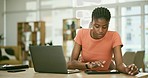 Tablet, computer and professional black woman in the office doing research for creative project. Digital technology, career and young African female designer working on laptop in modern workplace.