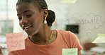 Woman, writing ideas and brainstorming on glass board with creative list, project goals and sticky notes in office. Happy African worker with mindmap, startup solution and planning for job priority 
