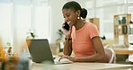 Phone call, laptop and business woman in the office for communication on b2b deal. Technology, smile and African female designer on mobile conversation with cellphone and computer in modern workplace
