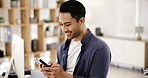 Happy asian man, phone and typing in networking, social media or communication at office. Creative male person or employee on mobile smartphone for online chatting, texting or startup at workplace