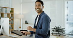 Face, businessman at desk laughing with confidence at tech startup and online creative with pride. Digital consultant, professional business job or portrait of happy man in modern office with tablet.