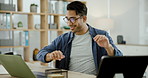 Laptop, smile and excited businessman at desk with glasses, success or professional achievement. Office, dance and happy man with online feedback celebration, creative review or report on website.