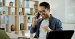 Laptop, phone call and dance, businessman at desk with glasses, success or professional achievement. Office, talking and happy man excited with networking feedback, creative review or cellphone chat.