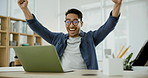 Happy asian man, laptop and fist pump in celebration for winning, success or good news at office. Excited male person or creative employee in achievement, bonus or startup promotion at workplace