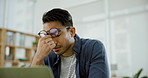 Business, stress and asian man with laptop in office with burnout, mistake or eye strain. Anxiety, face and male entrepreneur frustrated by glitch, 404 or report, tax or audit, fail or disaster
