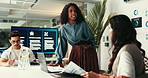 Business people, tablet and woman in office, presentation and planning with progress. Employees, group and speaker in meeting, documents and feedback for project, coaching and communication with app