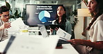 Business people, tablet and planning in meeting, laptop and feedback for project. Employees, deadline and group in office, laptop and paperwork with review, cooperation and productivity with progress